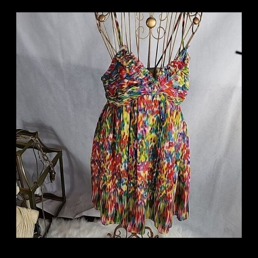Artsy Rainbow Colorful 100% Silk Donna Morgan Dress Size 8